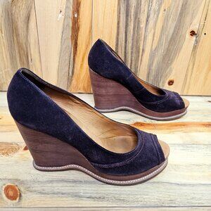 KORS by Michael Kors Newton Wedge Peep Toe Heels in Brown Suede Size 10